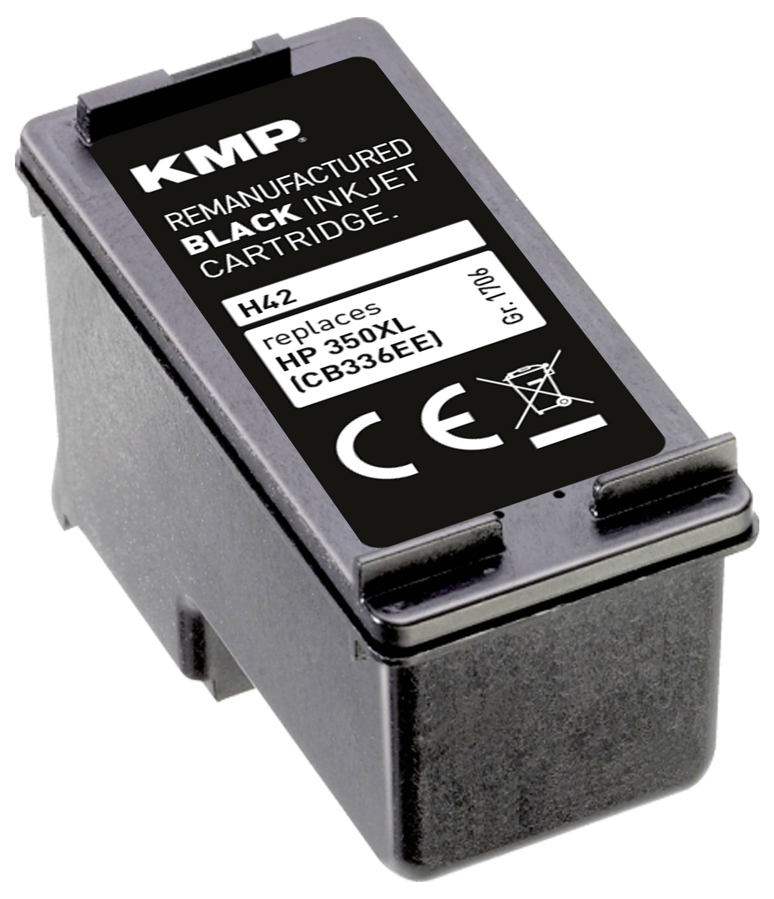 Černá renovovaná inkoustová kazeta s označením "KMP", kompatibilní s HP 350XL a HP 336EE, zobrazená na bílém pozadí.