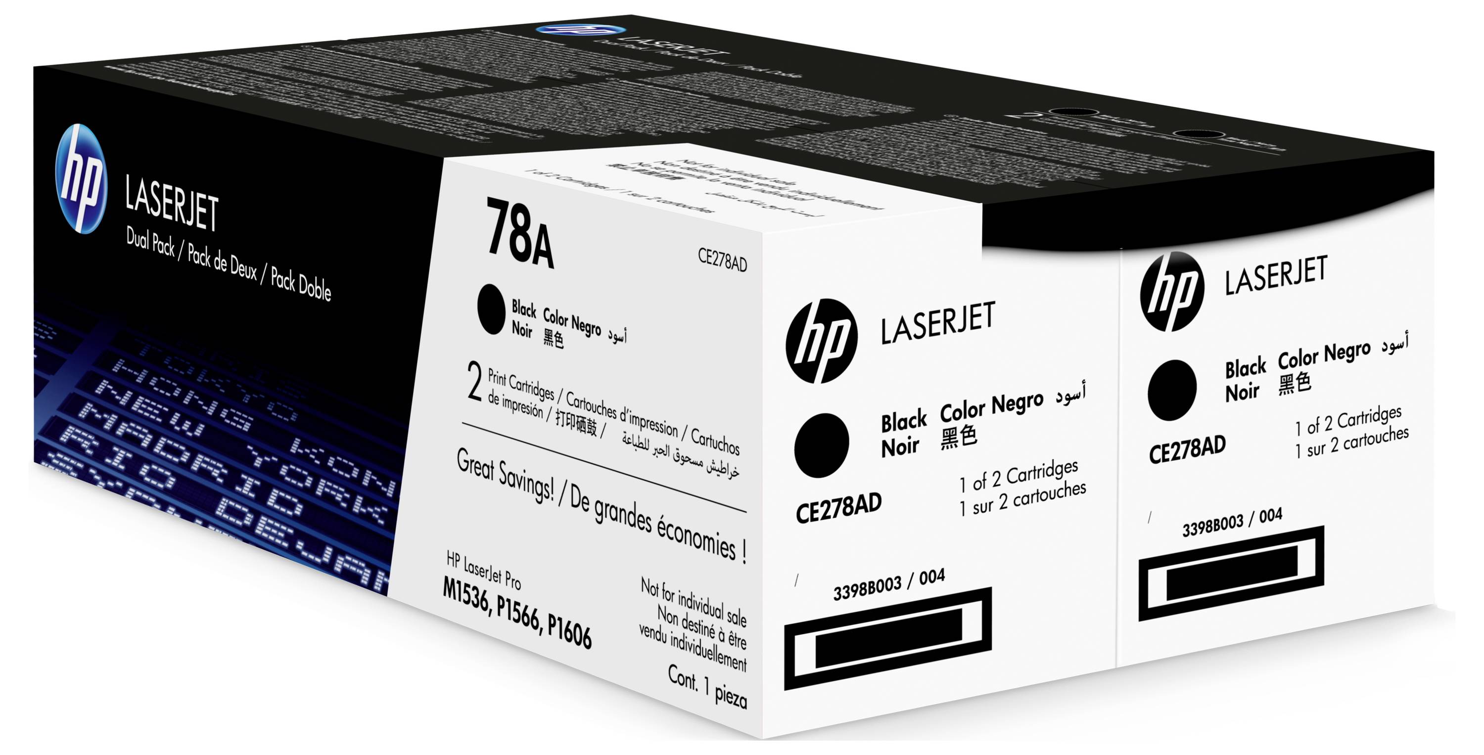 HP LaserJet černá tonerová kazeta v krabici označené 78A, CE278A/CE278D, zobrazená v černo-bílém balení s detaily produktu a čísly modelů.