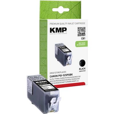 Černá tisková cartridge 'KMP PGI-525PGBK', náhrada Canon PGI-525, zobrazená s obalem. Text: 'Prémiová kvalitní inkoustová cartridge, inkoust vyrobený v Německu'.