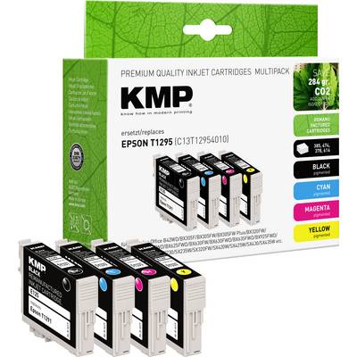 Sada inkoustových cartridí KMP prémiové kvality kompatibilních s Epson T1295, obsahující černé, azurové, purpurové a žluté inkousty.