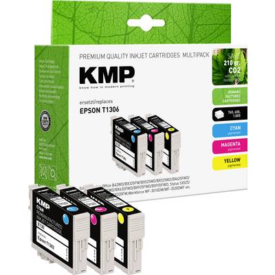 Čtyřbalení inkoustových kazet KMP pro tiskárny Epson, model T1306, v barvách žlutá, azurová, purpurová a černá. Balení zobrazuje detaily kompatibility.