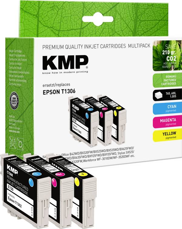 KMP Ink náhradní Epson T1302, T1303, T1304 kompatibilní kombinované balení azurová, purppurová, žlutá E130V 1618,4050