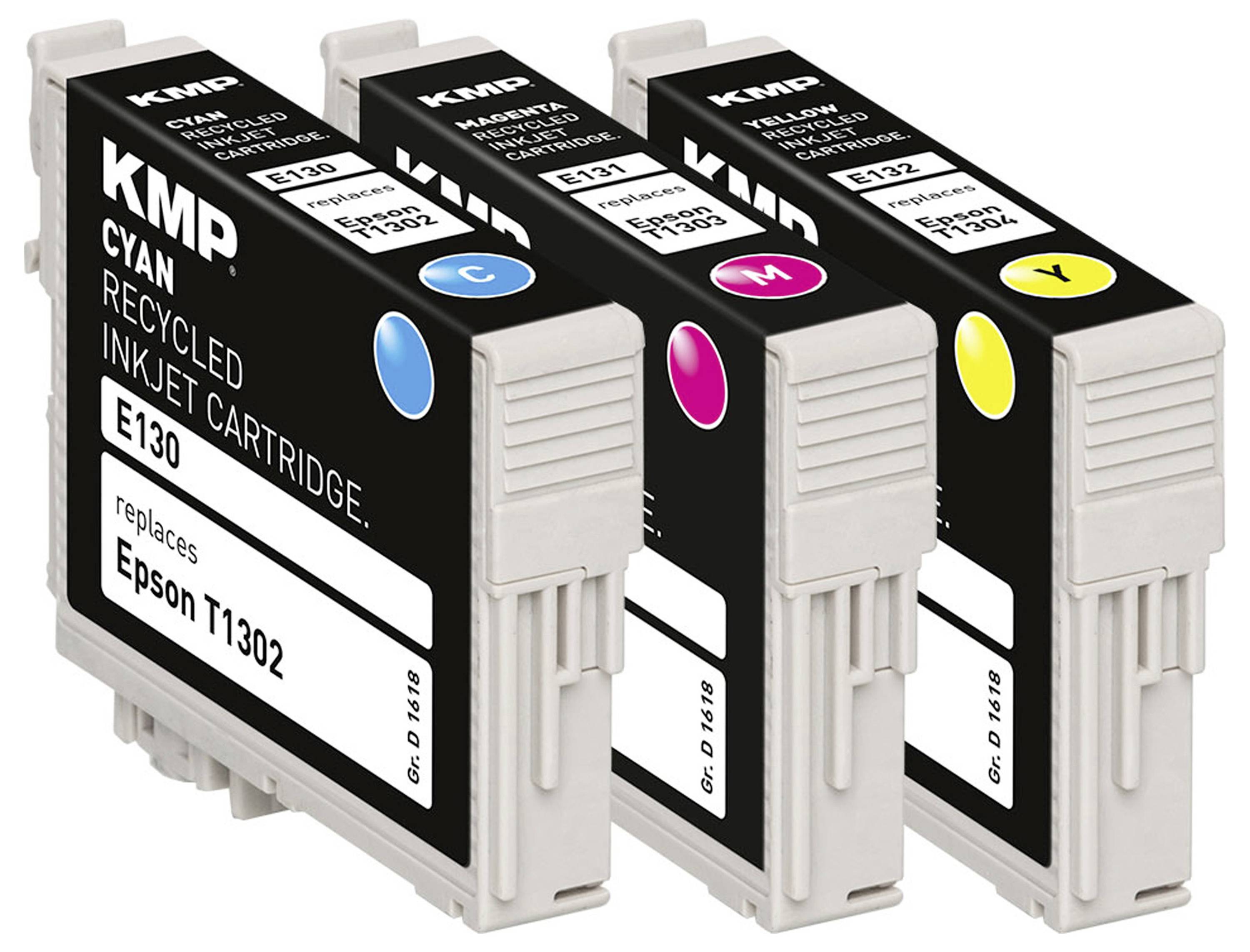 Tři recycled inkoustové kazety KMP pro tiskárny Epson: azurová, purpurová a žlutá, každá označená barevnou tečkou a číslem kazety.