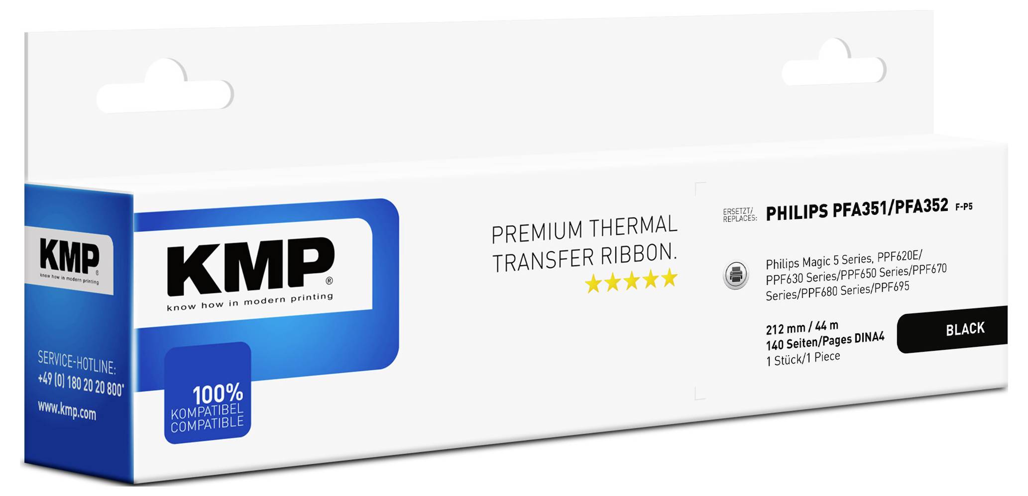 KMP prémiová termotransfér páska v krabici, černá, 100% kompatibilní s tiskárnami Philips PFA351/PFA352.