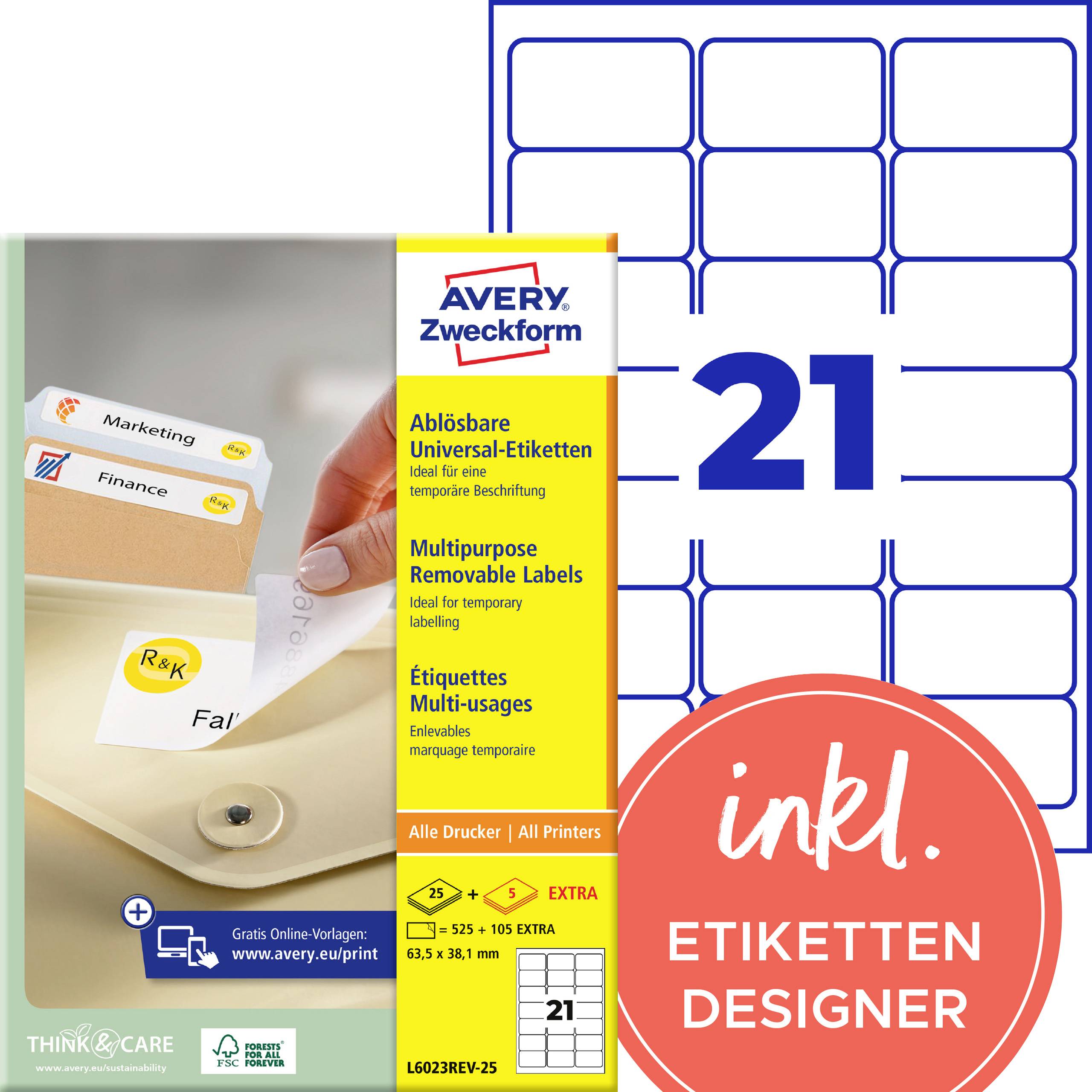 Balení snímatelných etiket Avery Zweckform se 21 listy a zahrnutým „etiketten designerem" pro všechny tiskárny.