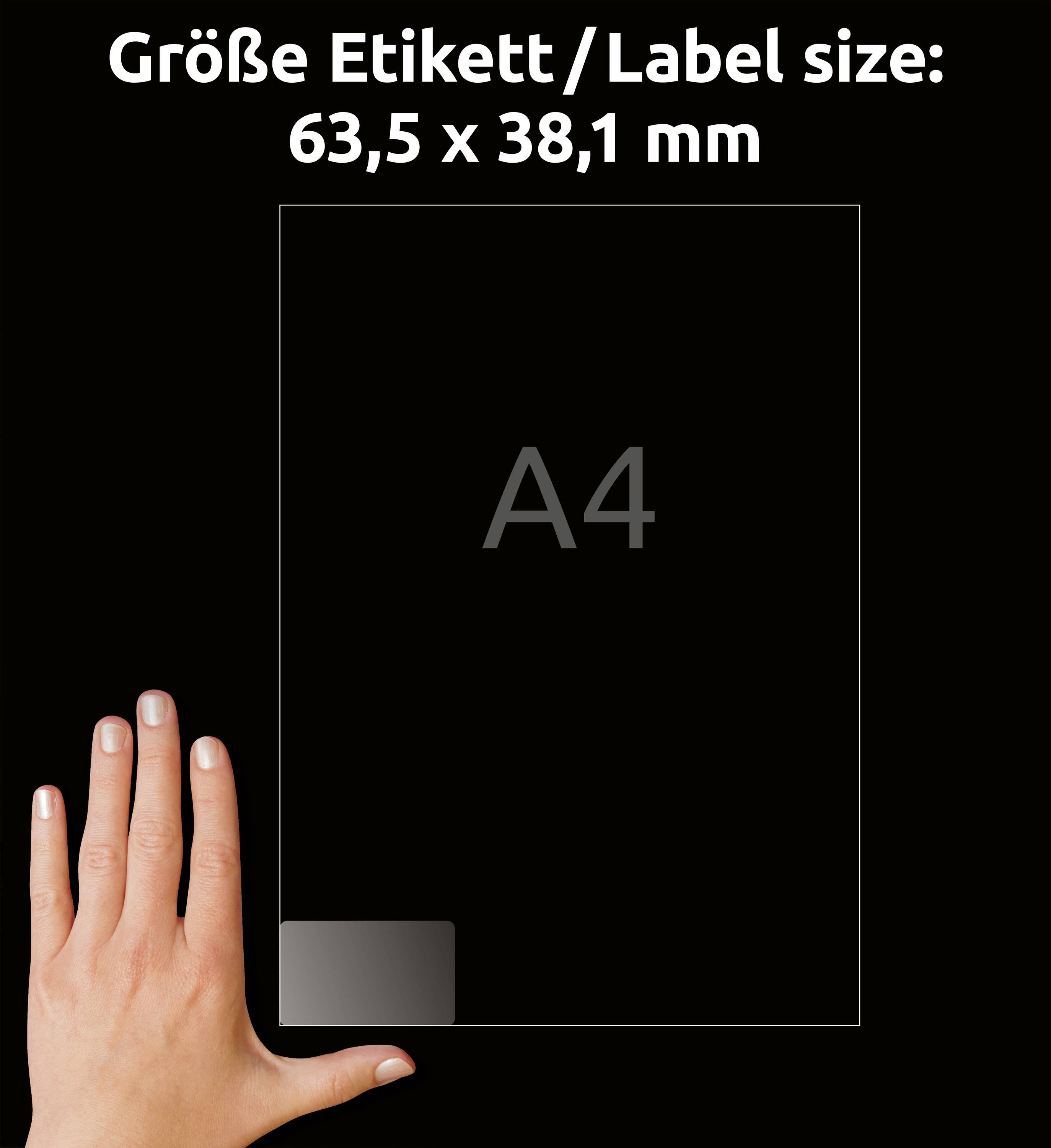 Ruka ukazuje na průhlednou průsvitku formátu A4 s vytištěným štítkem „Velikost etikety: 63,5 x 38,1 mm".