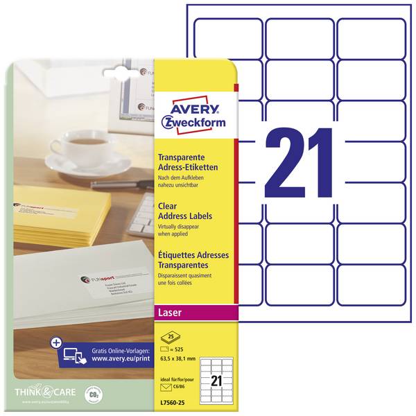 Avery-Zweckform L7560-25 Adresní nálepky 63.5 x 38.1 mm poylesterová fólie transparentní 525 ks trvalé inkoustová tiskárna, laserová tiskárna, barevná laserová tiskárna, kopírka, barevná kopírka, ruční popis