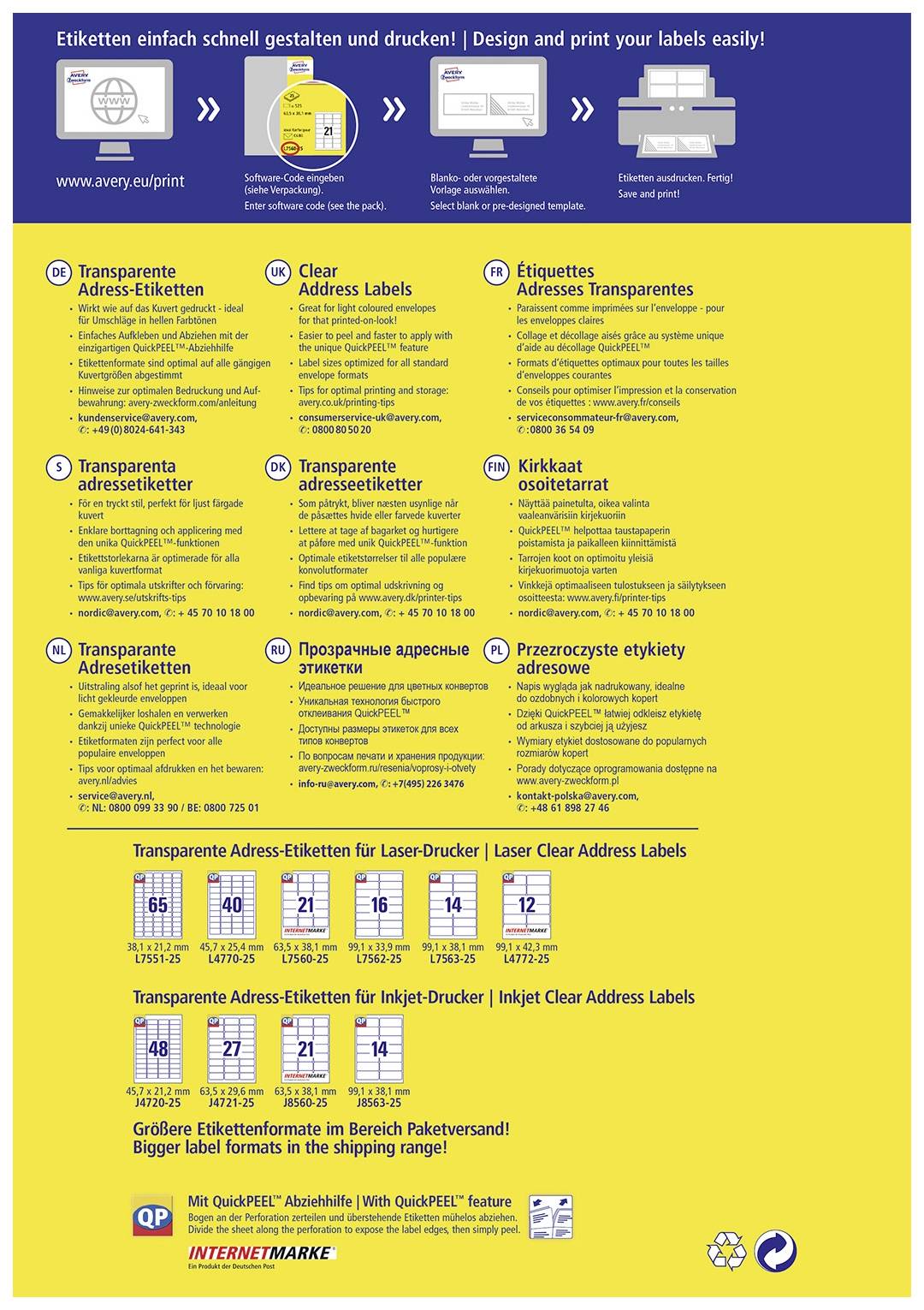 Tabulka transparentních adresních štítků obsahuje pokyny pro výběr, návrh a tisk včetně podrobných produktových informací.