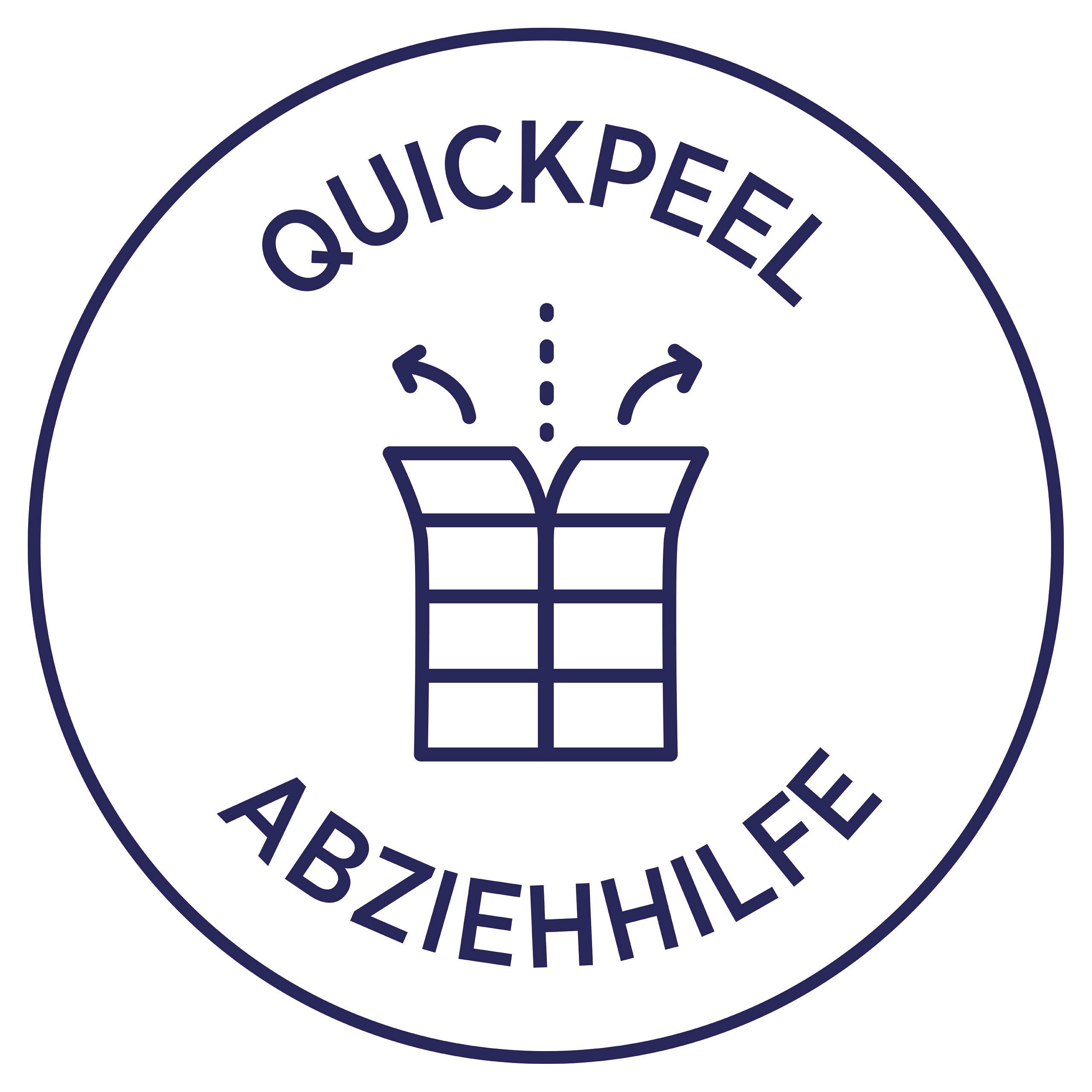 "QuickPeel pomůcka pro odlepování" je umístěno v kruhovém logu. Pod ním je symbol znázorňující dva šipky ukazující na otevřený štítek.
