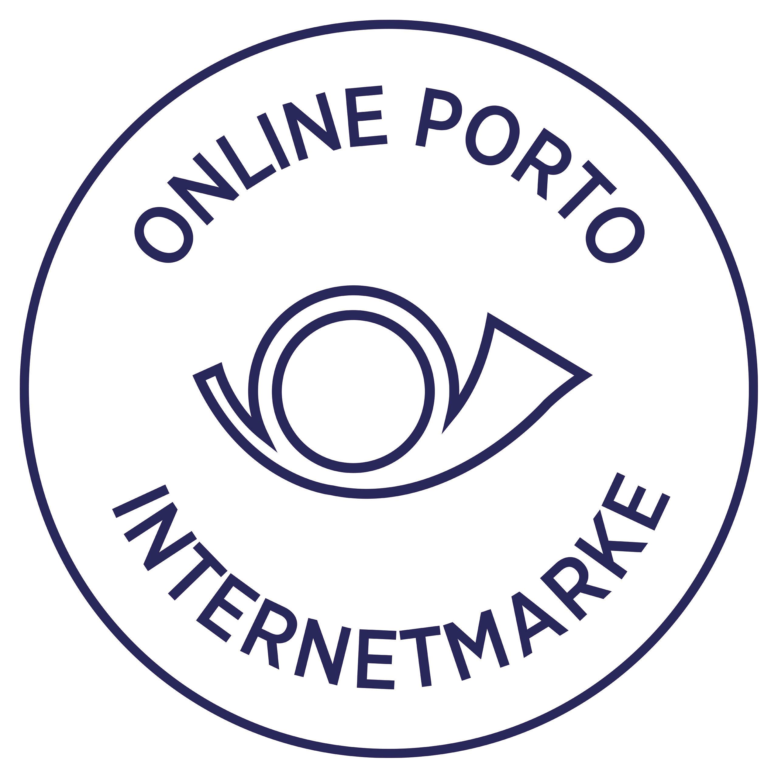 Kulaté logo s graficky stylizovaným poštovním rohem uprostřed. Nahoře je napsáno 'ONLINE PORTO', dole 'INTERNETOVÁ ZNÁMKA'.
