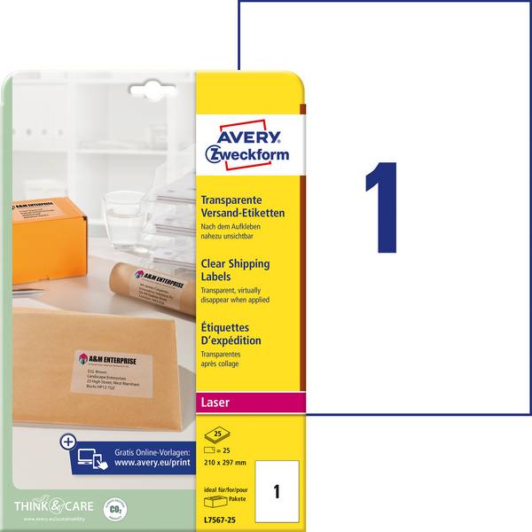 Avery-Zweckform L7567-25 Adresní nálepky 210 x 297 mm poylesterová fólie transparentní 25 ks trvalé laserová tiskárna, barevná laserová tiskárna, kopírka, barevná kopírka, ruční popis