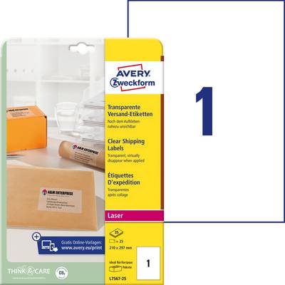 Balení štítků AVERY Zweckform, průhledné, pro zásilky, 210 x 297 mm, velikost 1. Obsahuje 25 listů štítků.