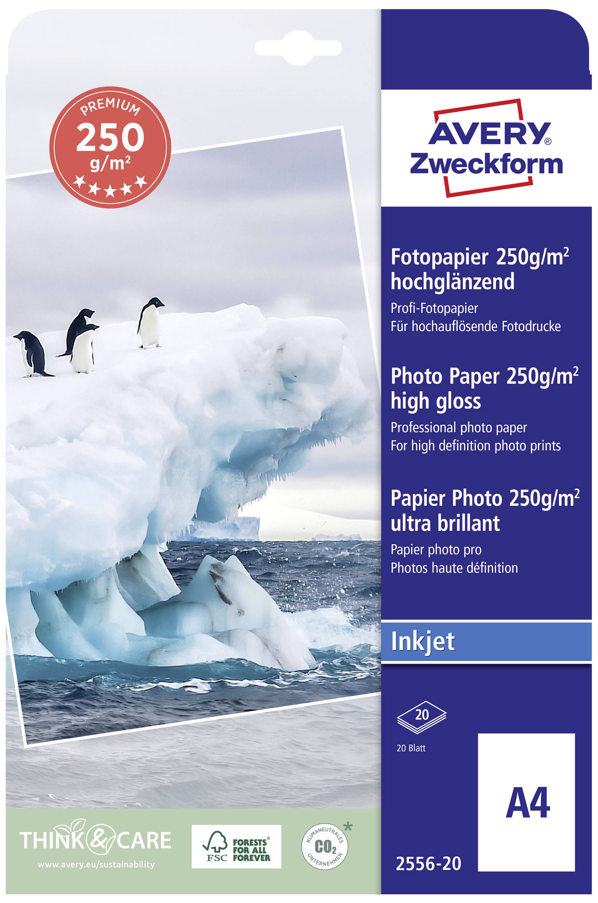 Dva tučňáci stojí na ledovci. Avery Zweckform fotopapír A4 s 250 g/m² vysoce lesklý pro vysoce kvalitní fototisky.