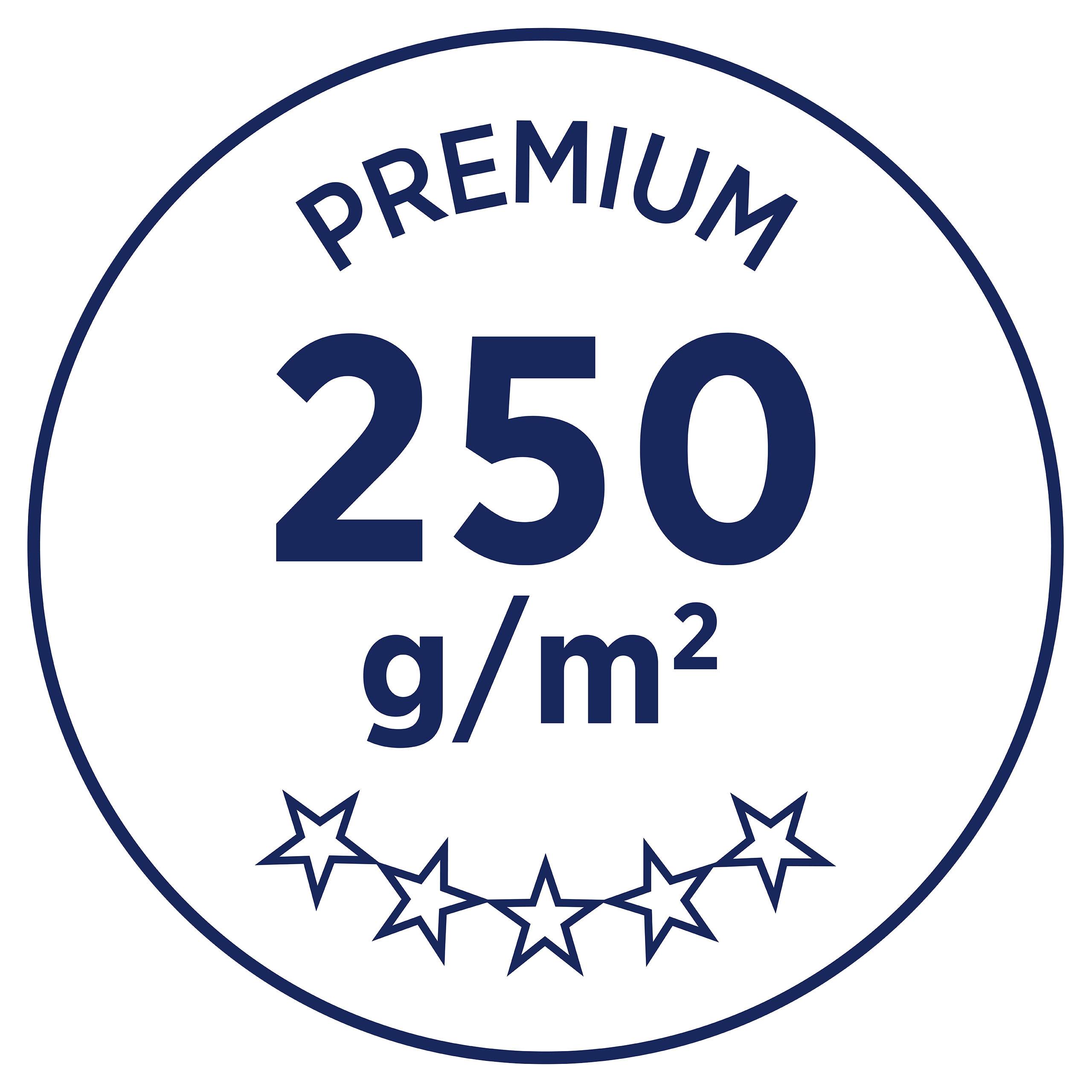 "Premium 250 g/m²" v modré barvě na bílém pozadí, pod tím pět hvězd v řadě.