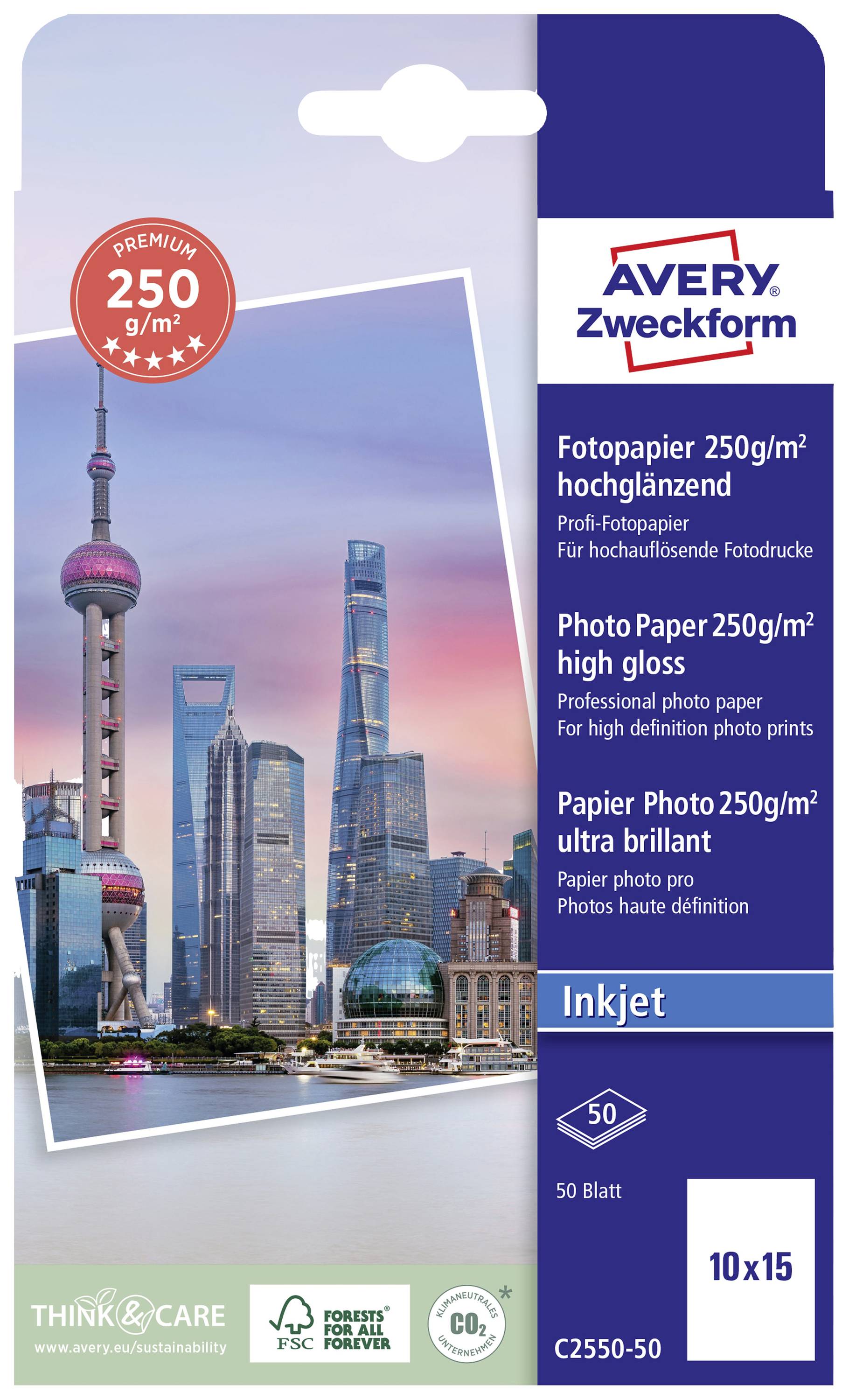 'Obal na fotografický papír: Avery Zweckform, 250 g/m², vysoce lesklý, 50 listů, 10x15 cm, vhodný pro inkoustové tiskárny. Panorama města v pozadí.'