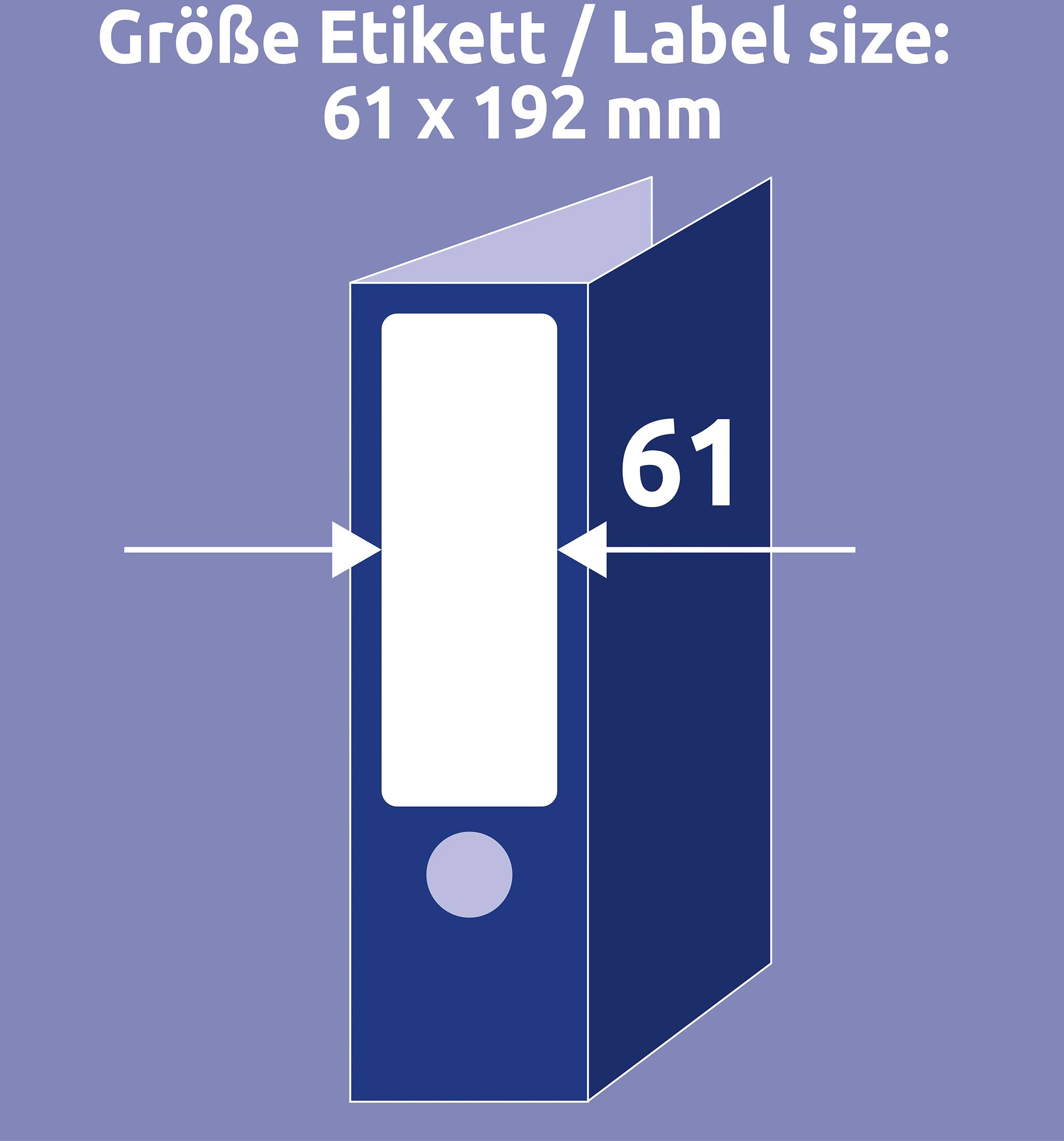 Pořadač s etiketou o rozměrech 61 x 192 mm. Ilustrace ukazuje pořadač a uvádí šířku etikety 61 mm.