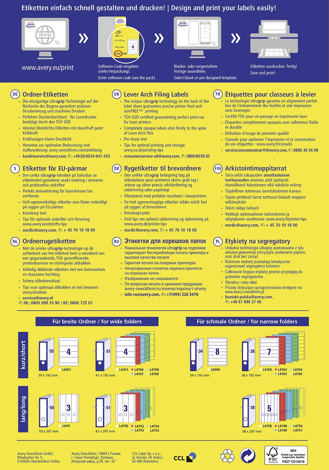 Informační list ukazuje různé typy štítků na pořadače a jejich praktické použití. V horní části jsou znázorněny jednoduché designové kroky.