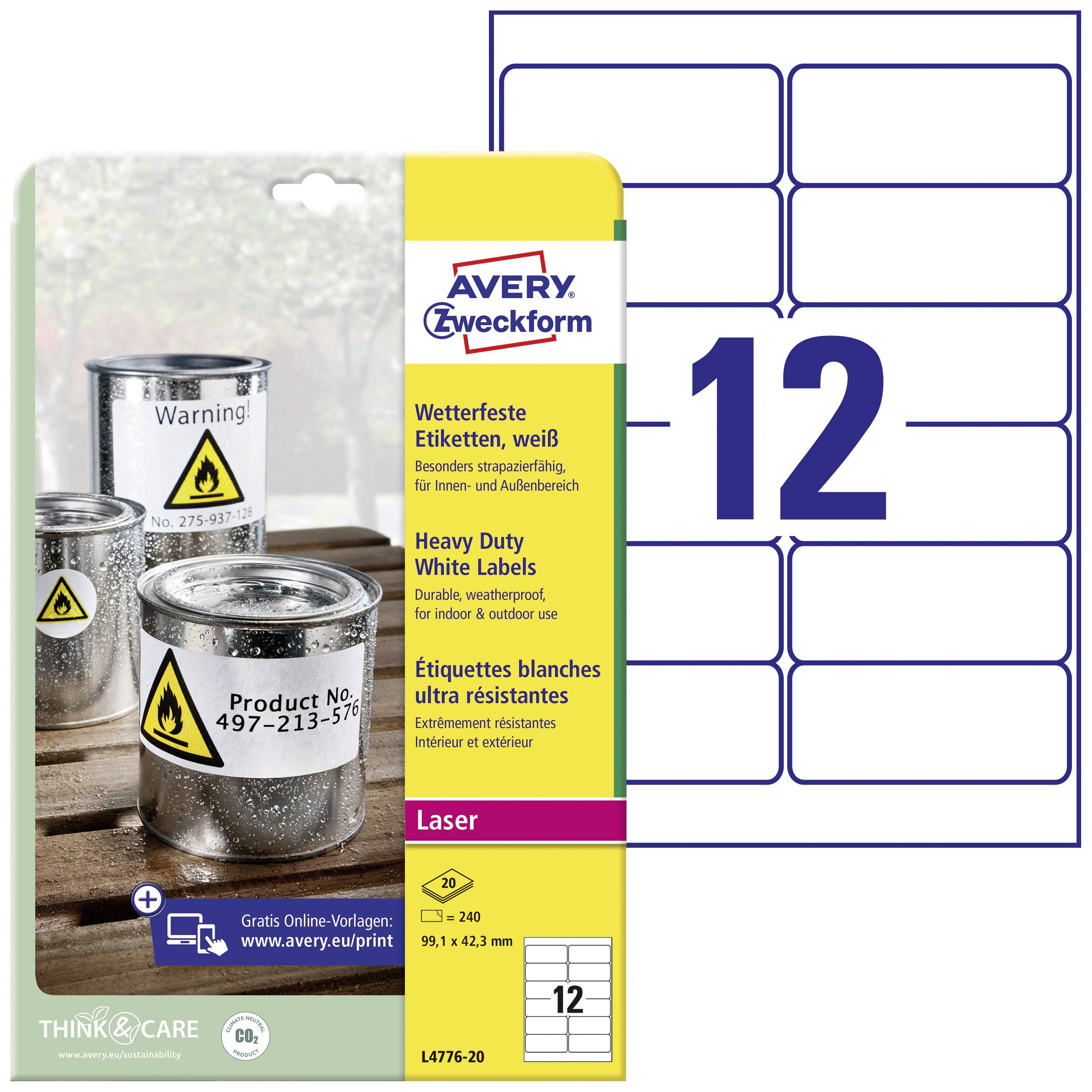 Štítky, odolné vůči počasí a bílé, s chemickými symboly pro produkty. Obsahuje 12 samolepicích laserových štítků na list.