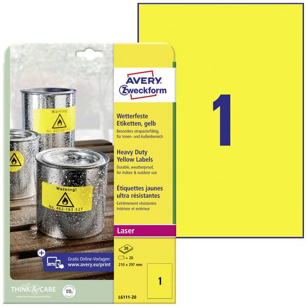 Avery-Zweckform L6111-20 Fóliové etikety  210 x 297 mm poylesterová fólie žlutá 20 ks trvalé barevná laserová tiskárna, laserová tiskárna, barevná kopírka, kopírka, ruční popis