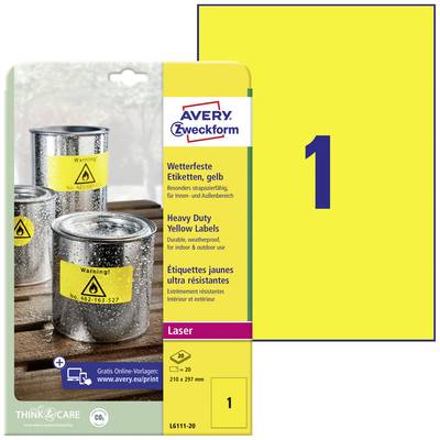 Voděodolné štítky, žluté, Avery Zweckform, 20 ks., 210 x 297 mm. Vhodné pro laserový tisk. Používané na dózách s výstražnými štítky.