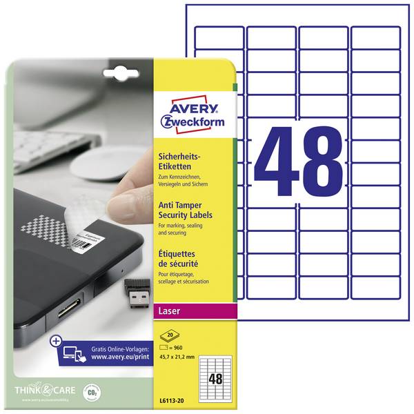 Avery-Zweckform L6113-20 bezpečnostní štítky 45.7 x 21.2 mm poylesterová fólie bílá 960 ks trvalé laserová tiskárna, kopírka, ruční popis