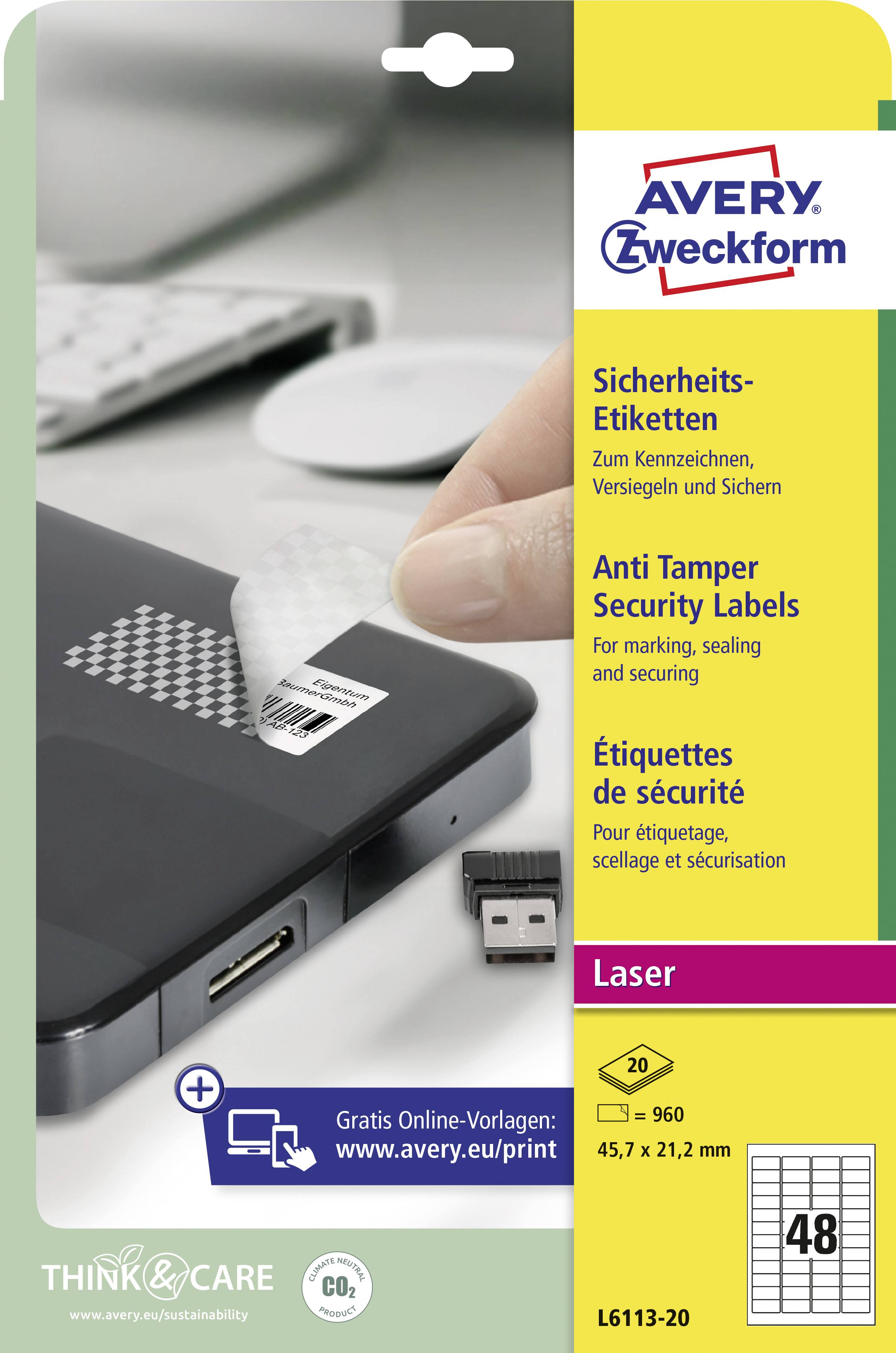 Štítky 'Avery Zweckform' pro bezpečnostní zapečetění. Stahující se samolepka z laptopů, vedle USB flash disku. 48 kusů.