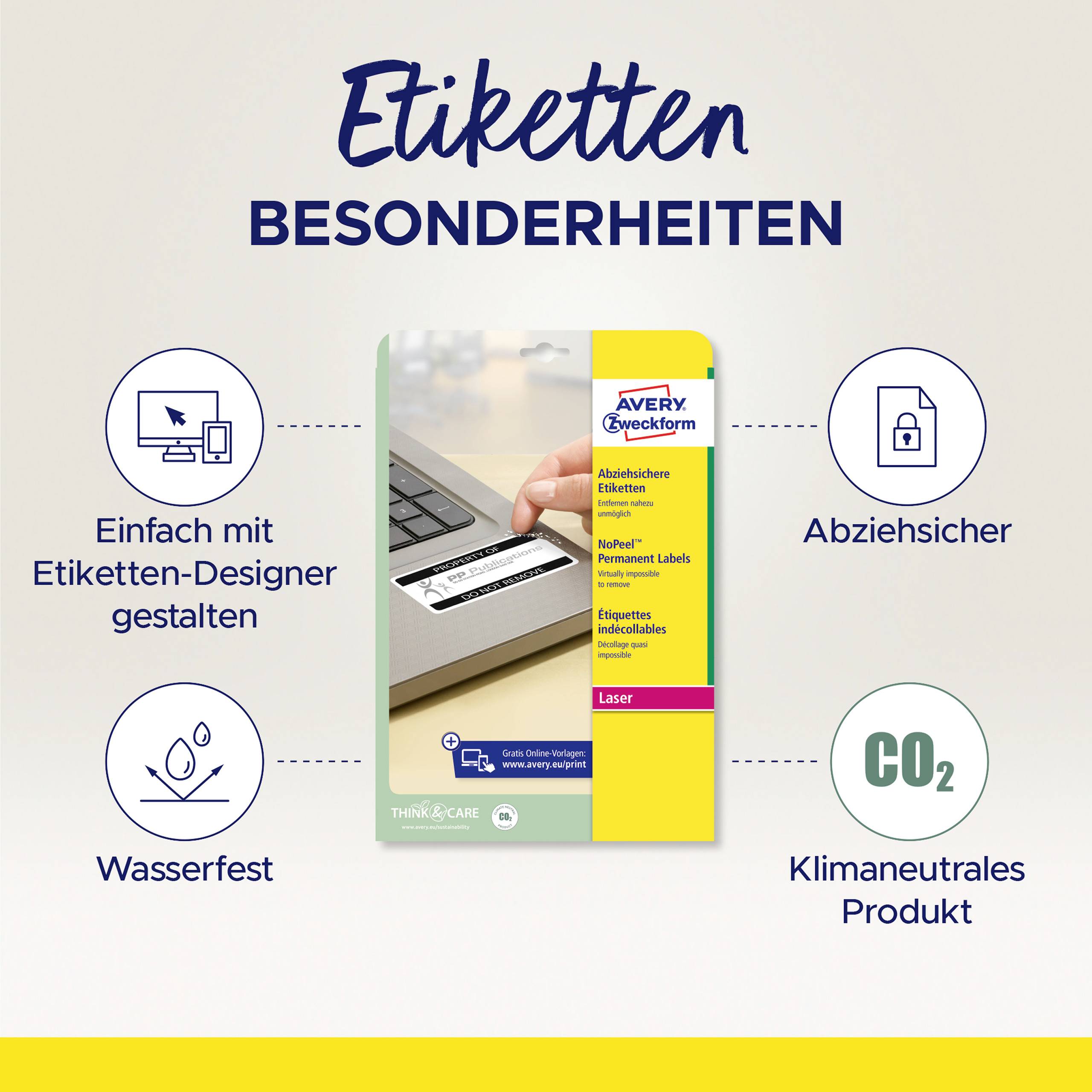 Balení štítků 'Avery Zweckform' na klávesnici notebooku. Symboly ukazují vlastnosti: Jednoduchý design, Voděodolné, Odstranitelné, Klimaticky neutrální.