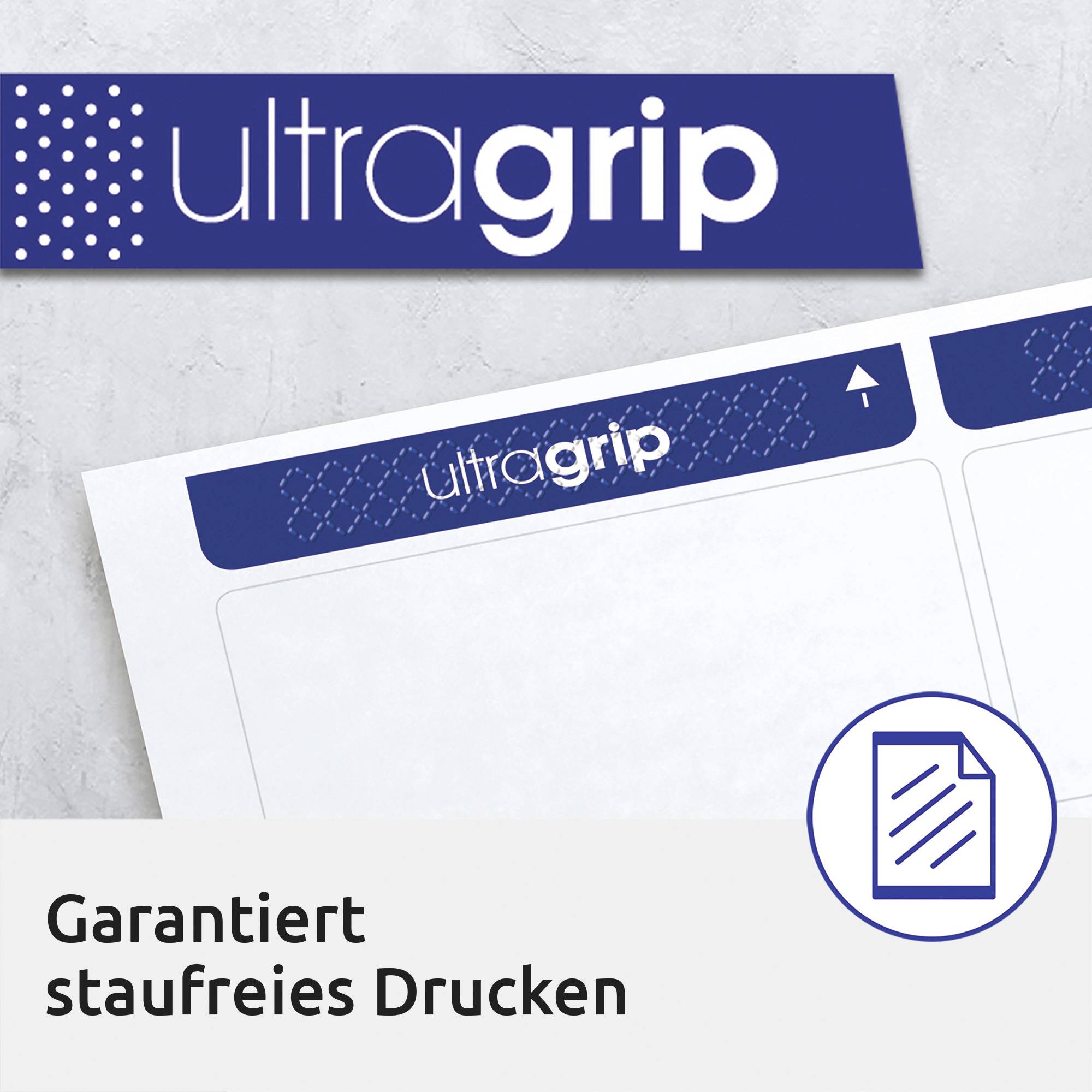 'Ultragrip' modro-bílý obal. Vyobrazení dokumentového symbolu. Text: 'Zaručený tisk bez šmou'.