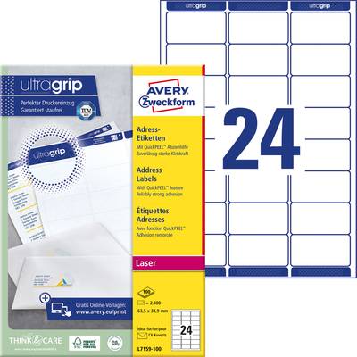 Štítky na adresy Avery Zweckform, formát 63,5 x 33,8 mm, 100 listů v balení. 24 štítků na list, vhodné pro laserové tiskárny.