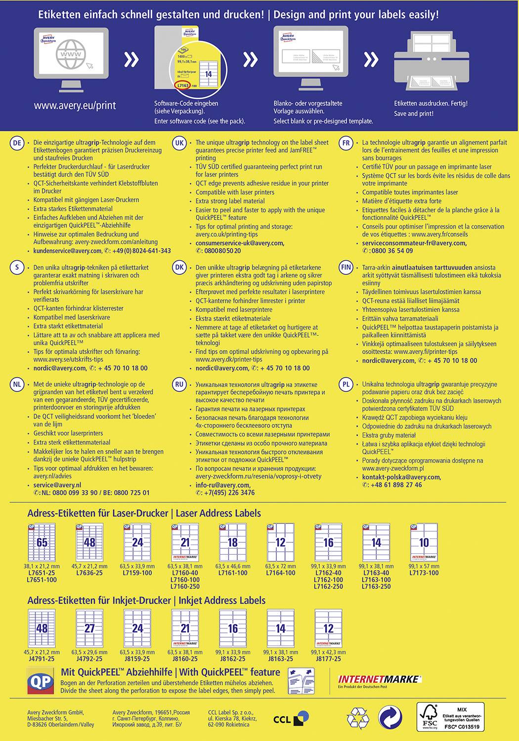 Grafik pro návrh a tisk štítků. Obsahuje symboly, tipy, návody a specifikace produktů pro různé typy tiskáren.