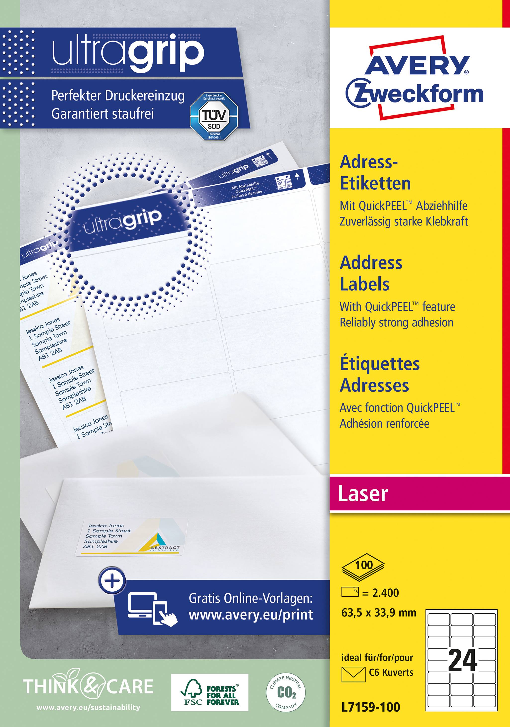 Adresní štítky Avery Zweckform, vhodné pro laserový tisk. Obsahuje 2400 bílých štítků s funkcí QuickPEEL, 63,5 x 33,9 mm.