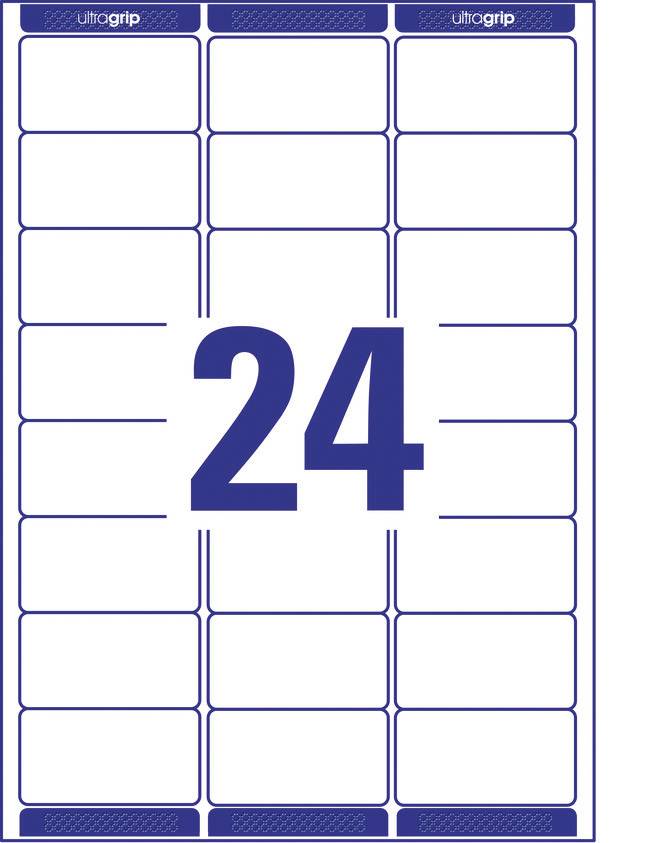 List etiket s 24 obdélníkovými bílými etiketami, orámovanými modrými liniemi. Každá řada etiket je uspořádána horizontálně.