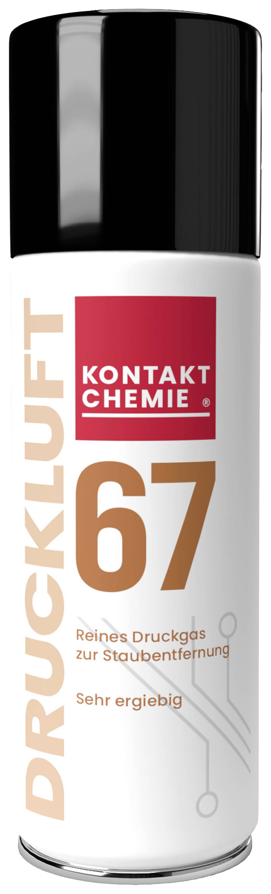 Bílý sprej s černým víčkem, nápis 'STLAČENÝ VZDUCH 67'. Produkt určený k odstraňování prachu. 'Čistý stlačený plyn', 'Velmi výkonný'.