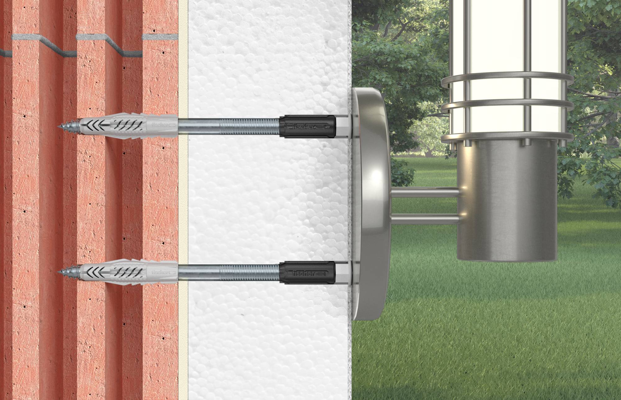 Průřez izolované stěny zobrazující dva dlouhé šrouby kotvící kovový konzol skrz cihlu a pěnovou izolaci, aby podporovaly válcový prvek venku.