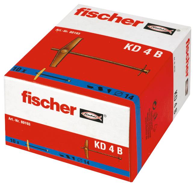 Krabice kotvících prvků Fischer KD 4 B, balení v červené a bílé barvě s názvem produktu a ilustrací kotvy.