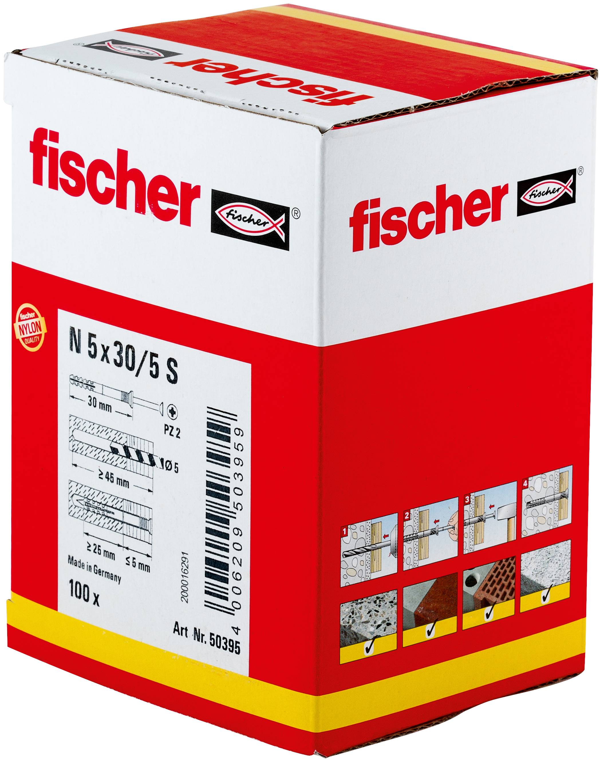 Krabice nylonových hmoždinek Fischer N 5x30/5 S, zobrazená s označením produktu a diagramy instalace.