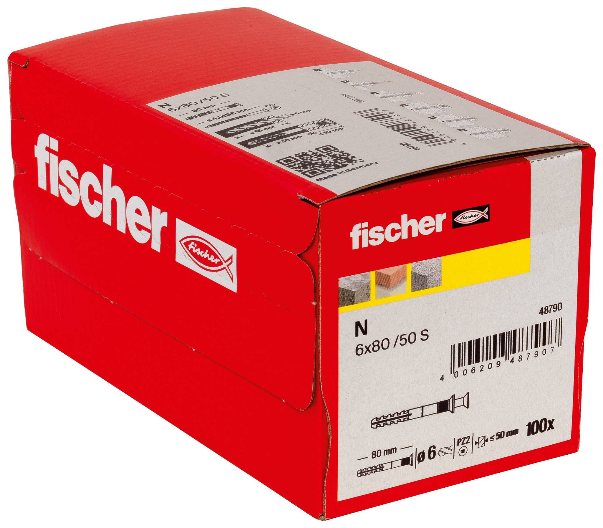 Červená krabice Fischer obsahující soupravy Fischer N 6x80/50 S hmoždinek do stěny, označená 100x, zobrazená na bílém pozadí.