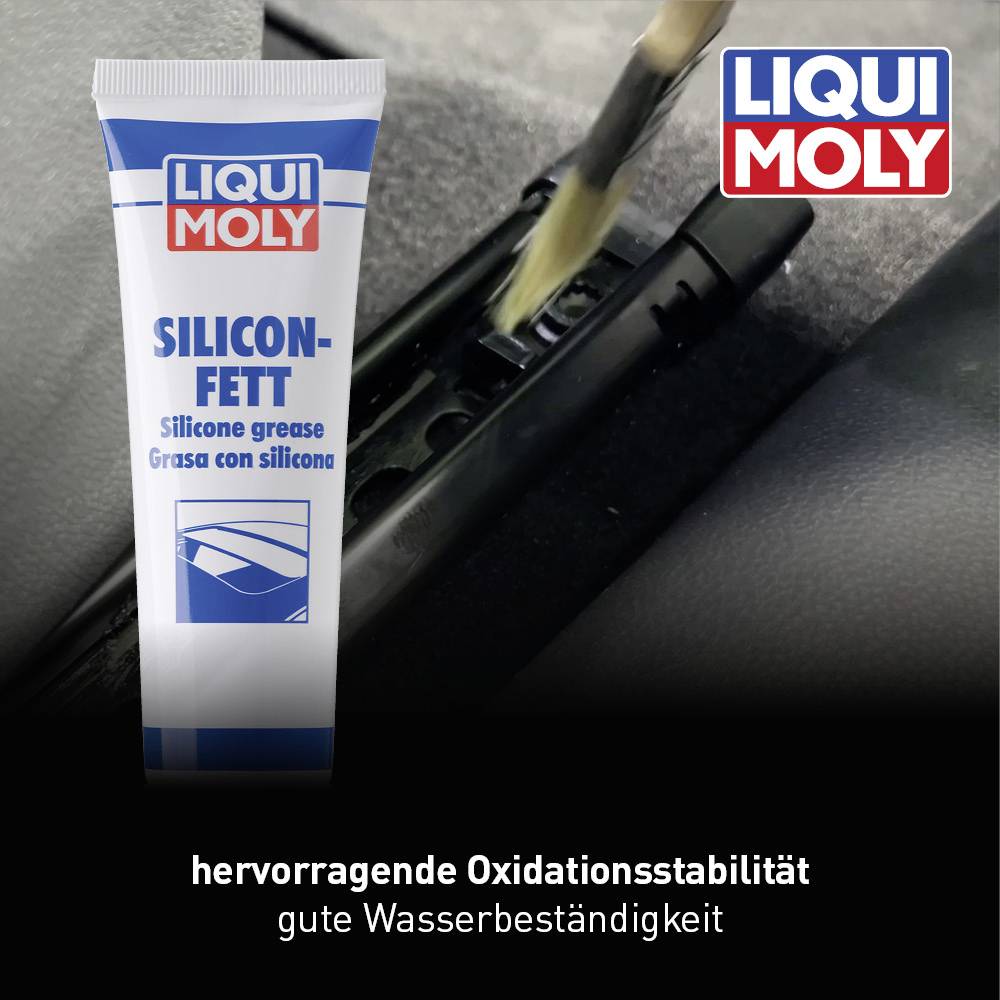 Obrázek ukazuje použití silikonového maziva Liqui Moly pro mazání těsnění automobilových dveří. Text zdůrazňuje odolnost vůči vodě a oxidaci.