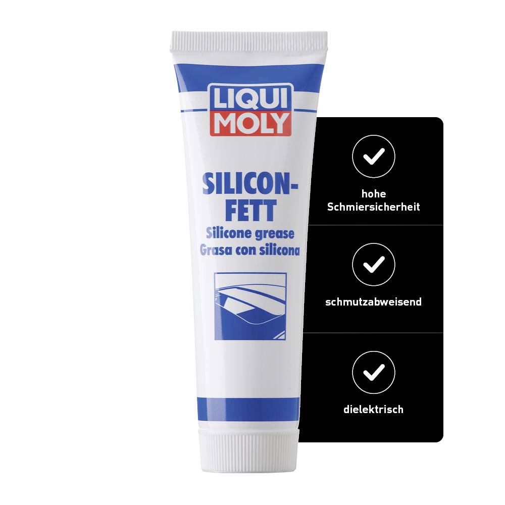 Silikonový tuk LIQUI MOLY, vlastnosti: vysoká mazací schopnost, odpuzující nečistoty, elektricky izolační.