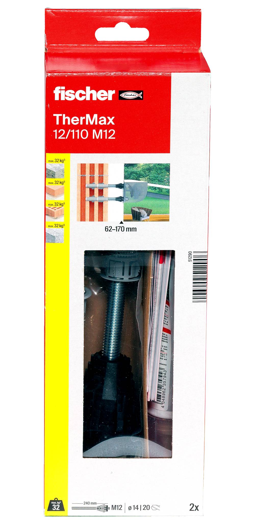 Kotevní sada Red Fischer TherMax 12/110 M12 s produktovým oknem zobrazujícím kovovou kotvu a obrázkový příklad instalace.
