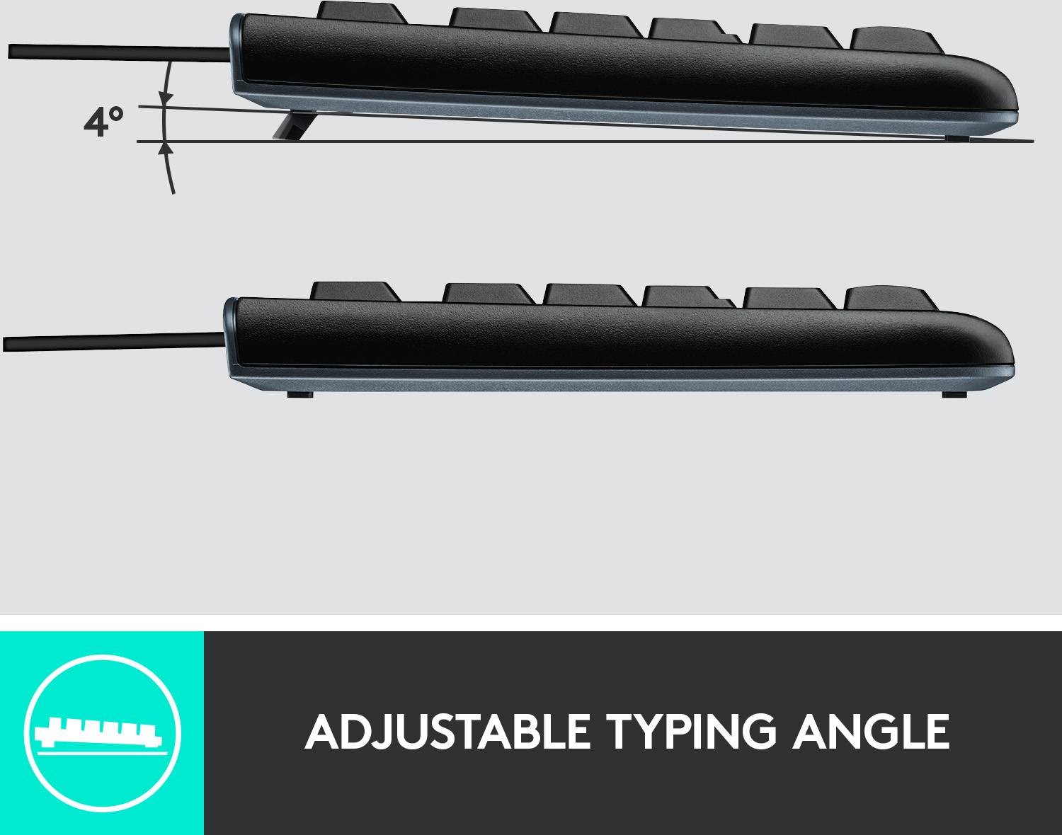 'Nastavitelný úhel pro psaní': Obrázek ukazuje elektronické zařízení se dvěma polohami stání, zvýšené o 4 stupně a ploché.