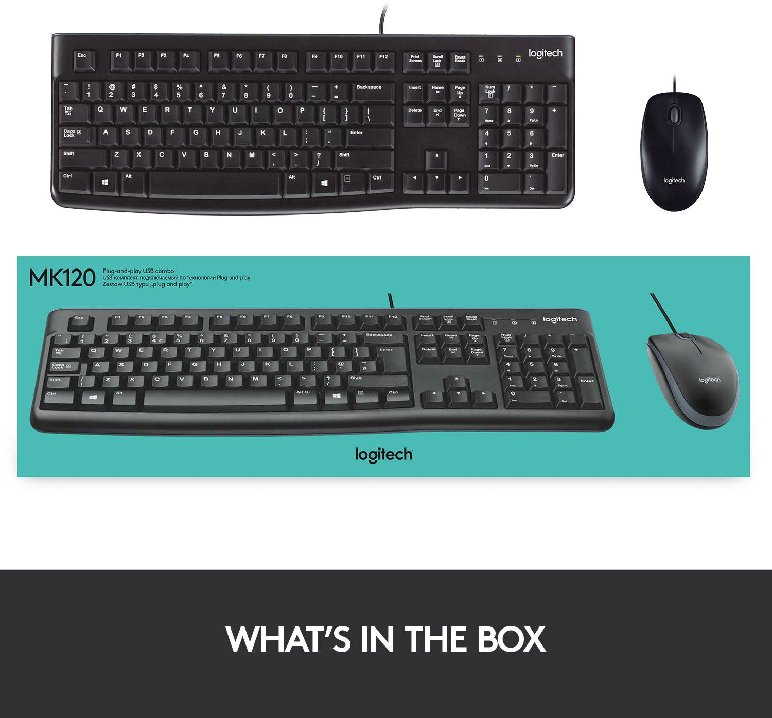 Obrázek ukazuje klávesnici a myš značky Logitech s modelovým číslem MK120. Obě zařízení jsou zobrazena v černé barvě.