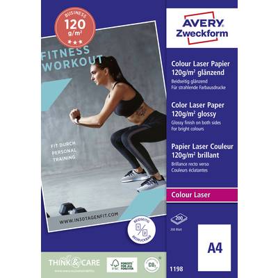 Žena ve sportovním oblečení při tréninku. Text: 'FITNESS WORKOUT' a 'FIT DÍKY OSOBNÍMU TRÉNINKU'. Obal Avery Zweckform pro lesklý laserový papír, 120 g/m².