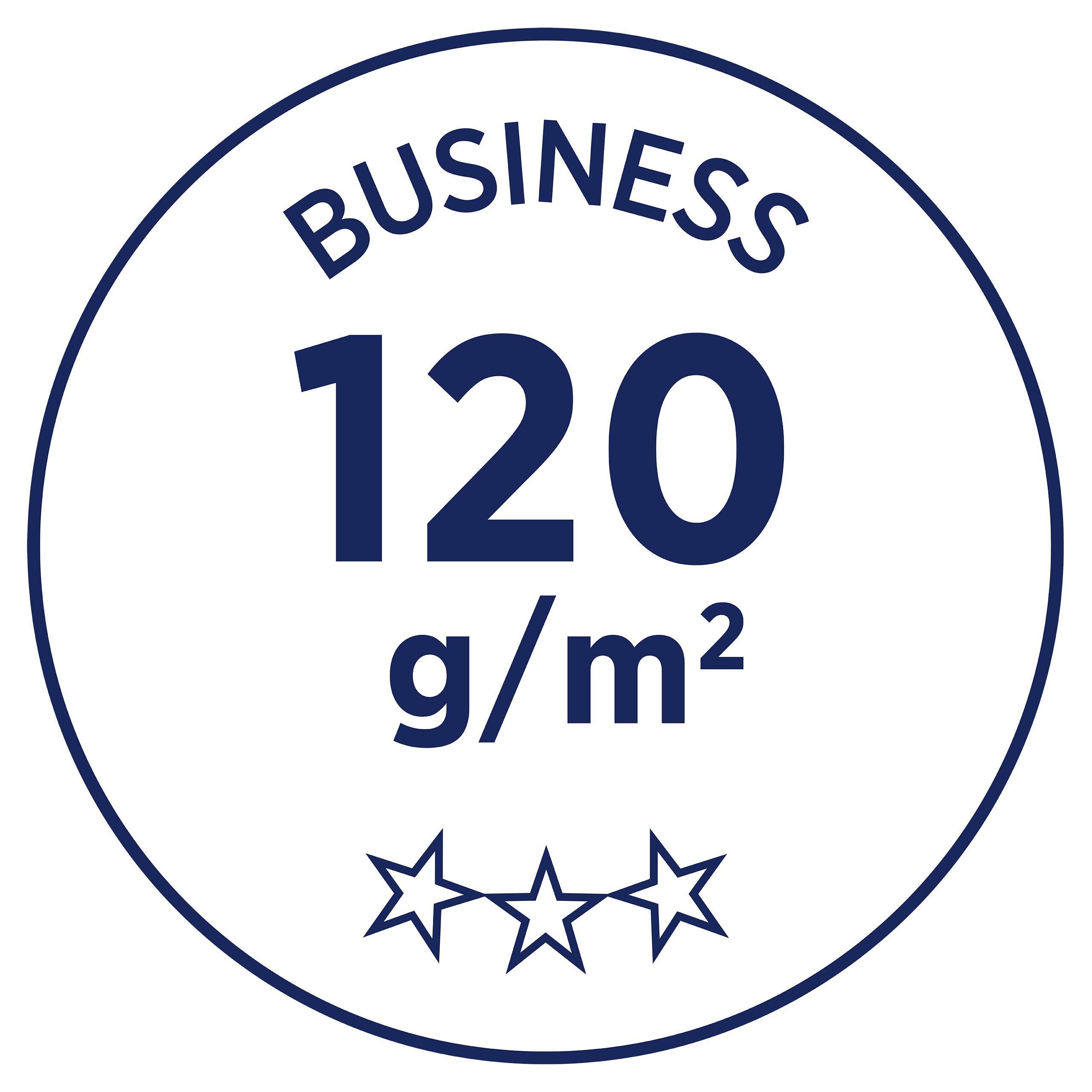 Kulatá samolepka s nápisem 'Business' nahoře, '120 g/m²' uprostřed a třemi hvězdami dole.