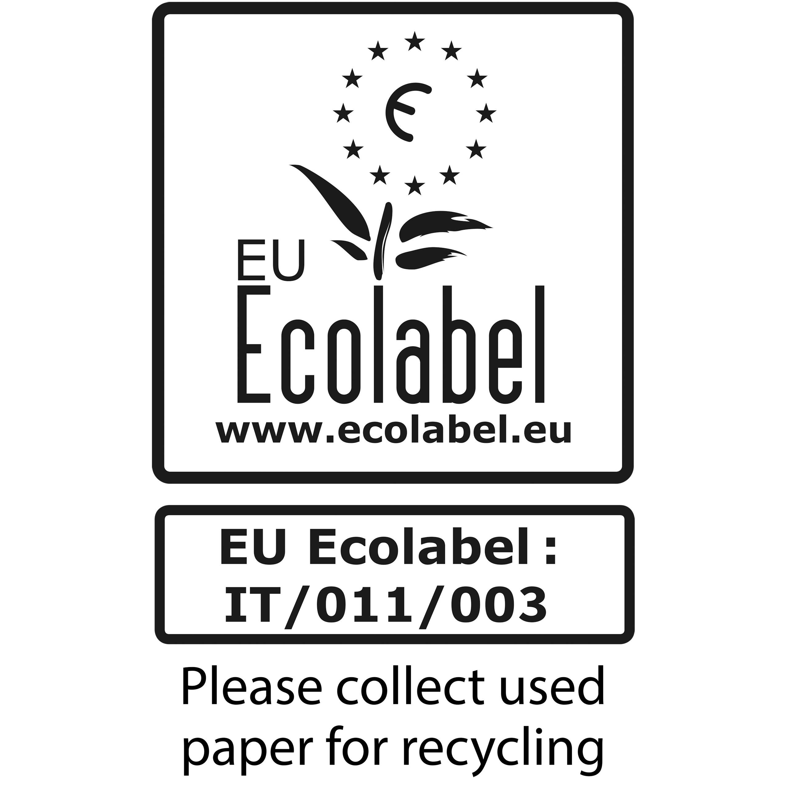 Logo EU Ecolabelu s webovou stránkou 'www.ecolabel.eu', registrací 'IT/011/003' a žádostí o sběr použitého papíru k recyklaci.