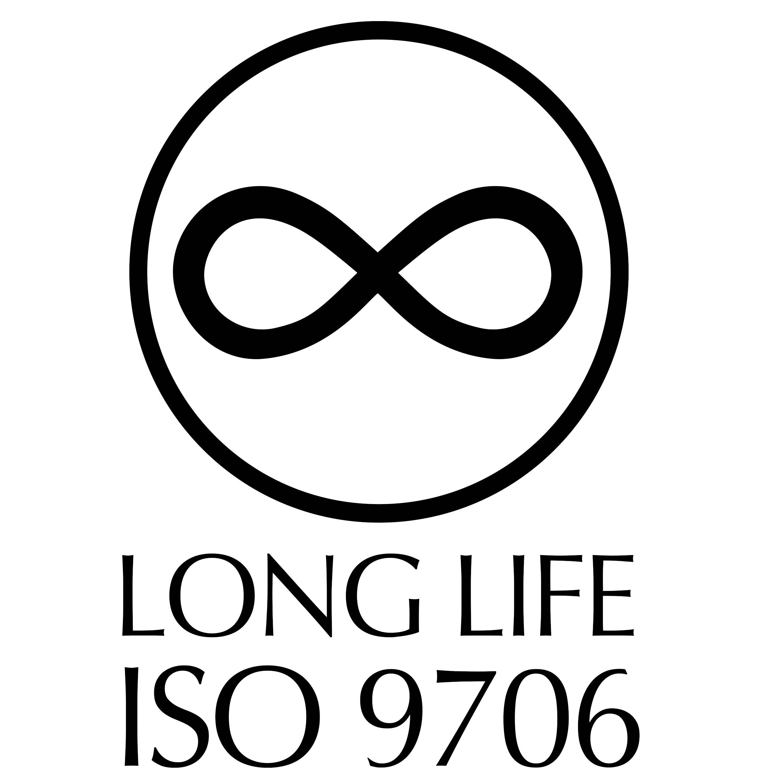 Nekonečno symbol v kruhu, pod ním text 'DLOUHÝ ŽIVOT ISO 9706'. Symbolizuje trvanlivost a normu kvality papíru.