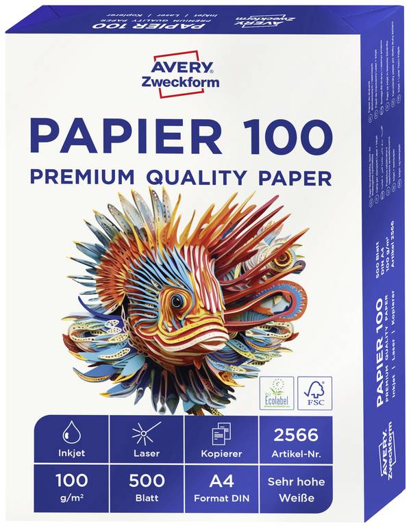 Avery-Zweckform PAPIER 100 Premium Quality Paper 2566   univerzální kopírovací papír A4 100 g/m² 500 listů vysoce bílá