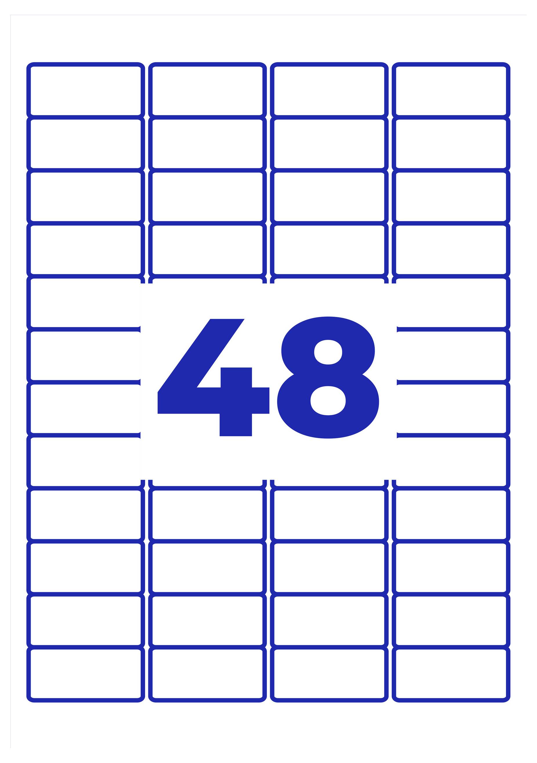 Arch s štítky obsahující 48 obdélníkových nálepek, uprostřed velkého čísla „48" jako indikace množství.