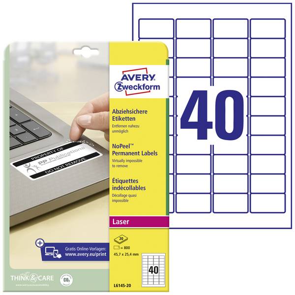 Avery-Zweckform L6145-20 bezpečnostní štítky 45.7 x 25.4 mm poylesterová fólie bílá 800 ks trvalé laserová tiskárna
