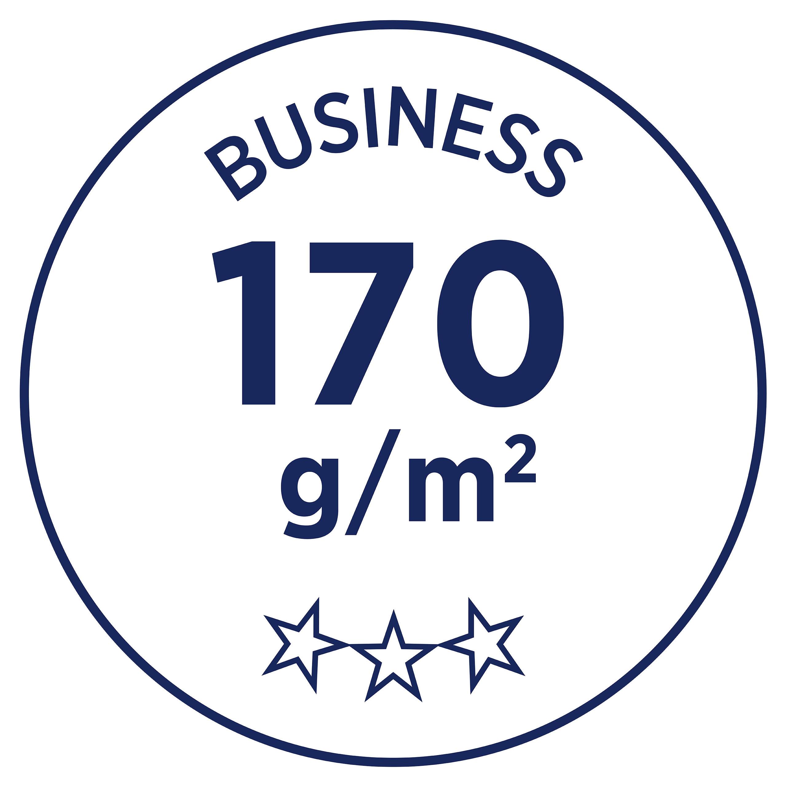 Na kruhu se třemi hvězdami je nápis „BUSINESS 170 g/m²".